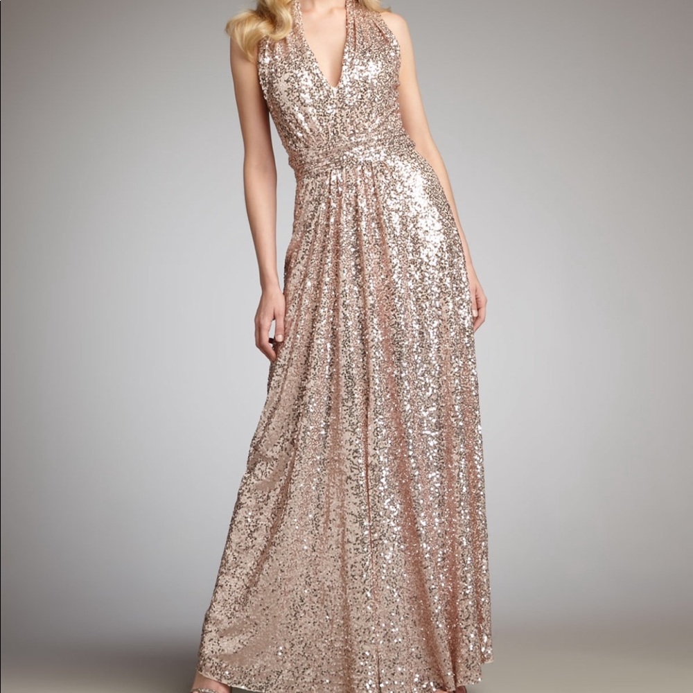 Badgley Mischka sequin halter rose gold dress